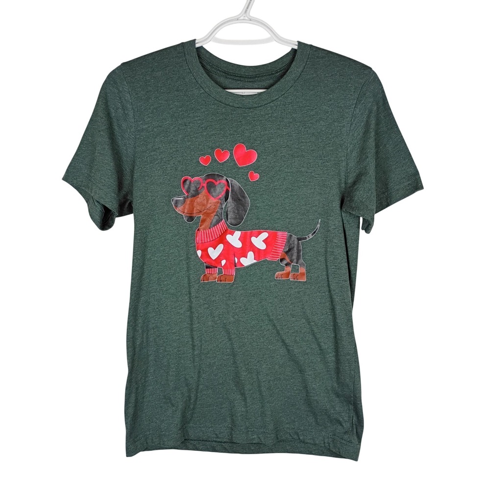 Womens Dachshund Heart Graphic T-Shirt Green Short Sleeve Dog Lover Tee Small